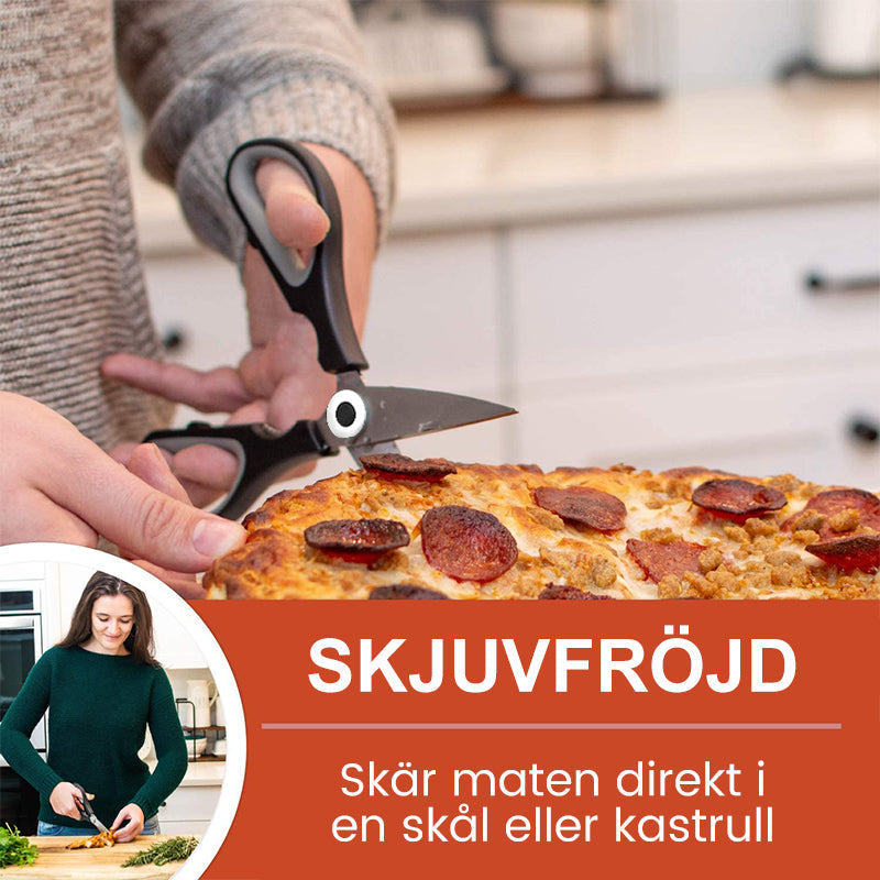 "Universella kökssaxar i svart rostfritt stål, hållbar design, perfekt för kött och grönsaker. Ergonomiskt handtag."