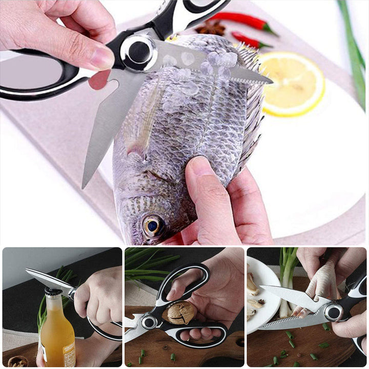 "Universella kökssaxar i svart rostfritt stål, hållbar design, perfekt för kött och grönsaker. Ergonomiskt handtag."