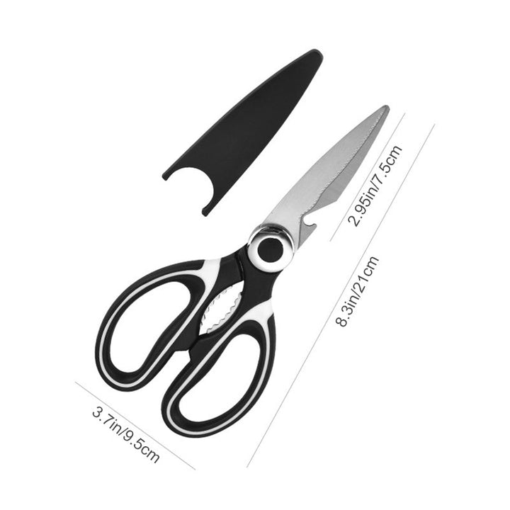 "Universella kökssaxar i svart rostfritt stål, hållbar design, perfekt för kött och grönsaker. Ergonomiskt handtag."