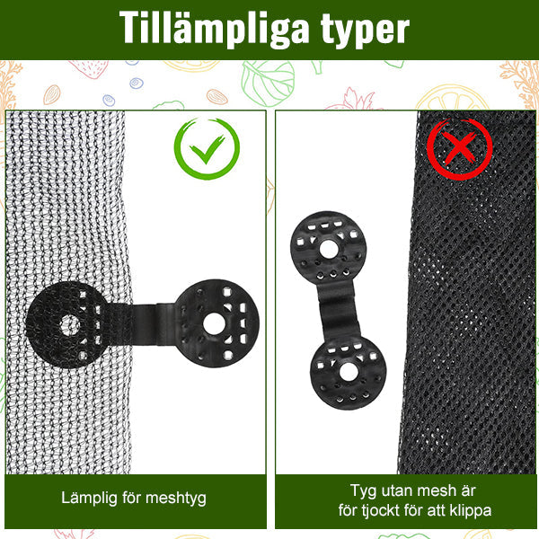 "Universella plast clips för trädgård, säker fästning av solskyddsnät. Högkvalitativ plast, enkel installation."