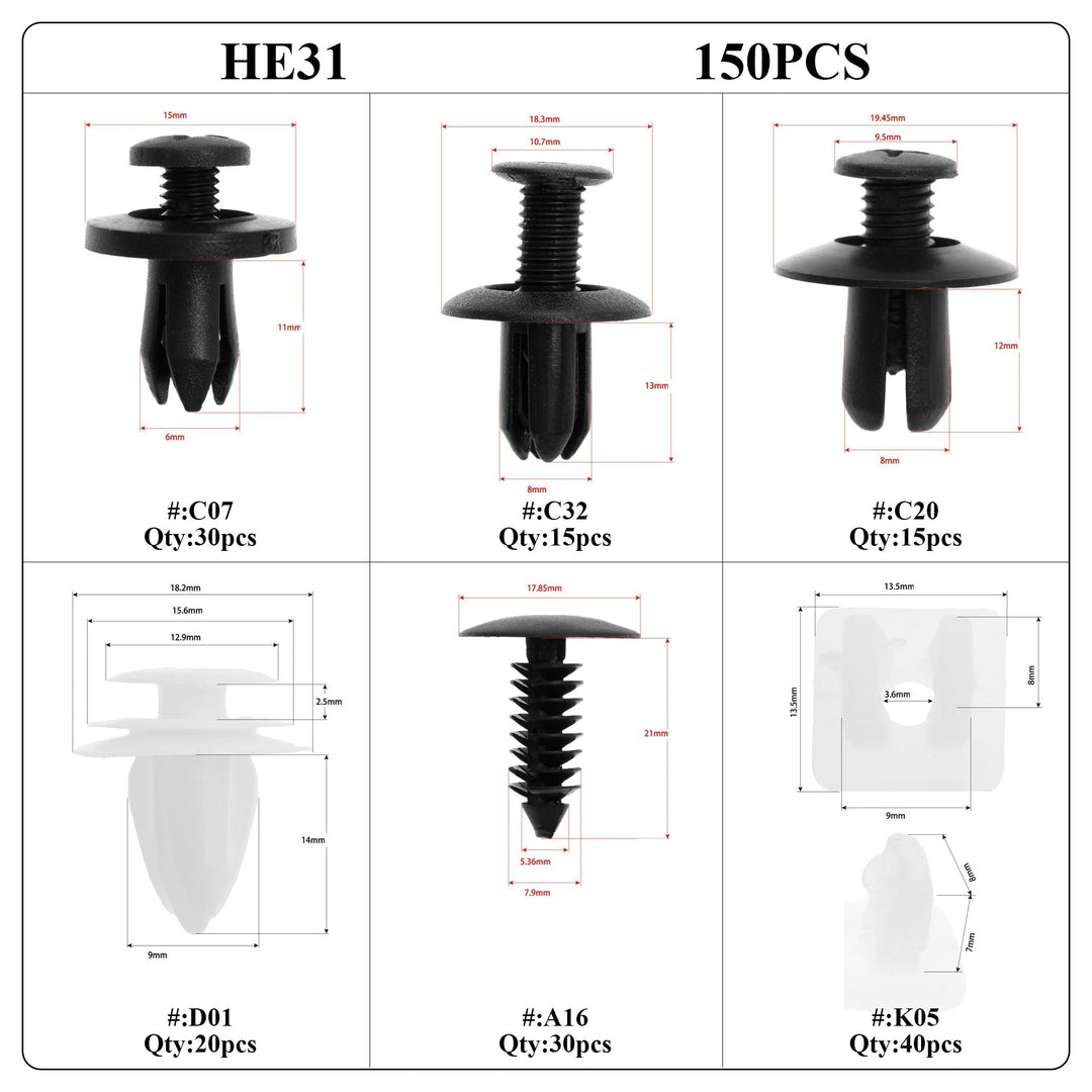 "Universella plastklämmor för bilkarosser, 150 st, svart nylon, hållbara och korrosionsbeständiga, för dörrklädsel och stötfå