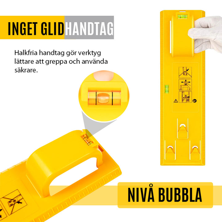 "Universellt fotoramverktyg i ABS med linjal, portabel och lätt, för exakt upphängning av konstverk och foton."