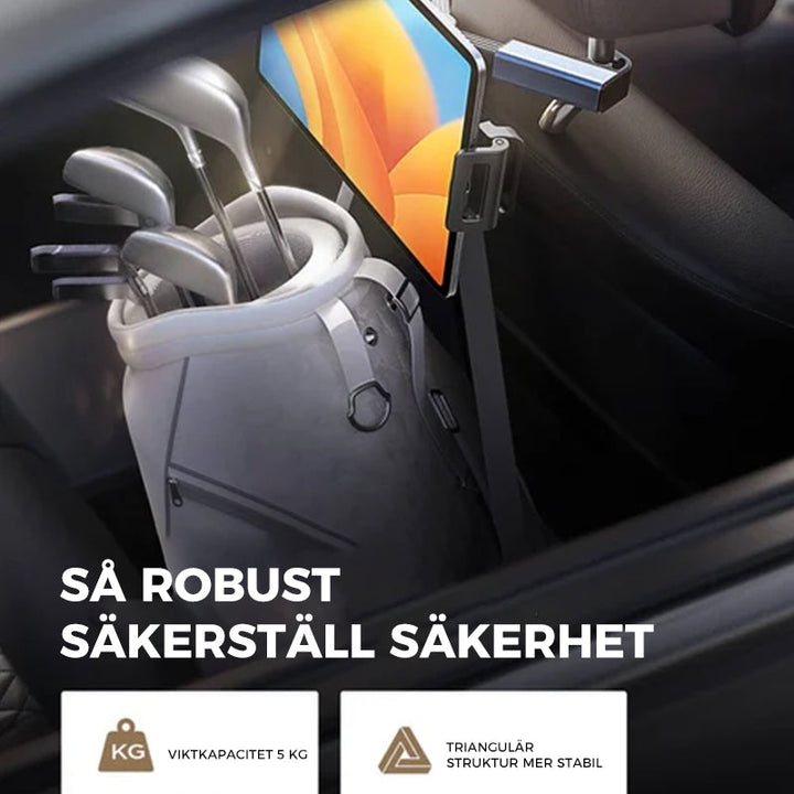 "Universellt tablettfäste för bilbaksäte, 360° rotation, justerbara ben, för enheter 4,7–12,9 tum, svart design."