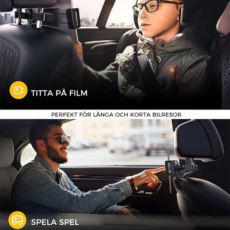 "Universellt tablettfäste för bilbaksäte, 360° rotation, justerbara ben, för enheter 4,7–12,9 tum, svart design."