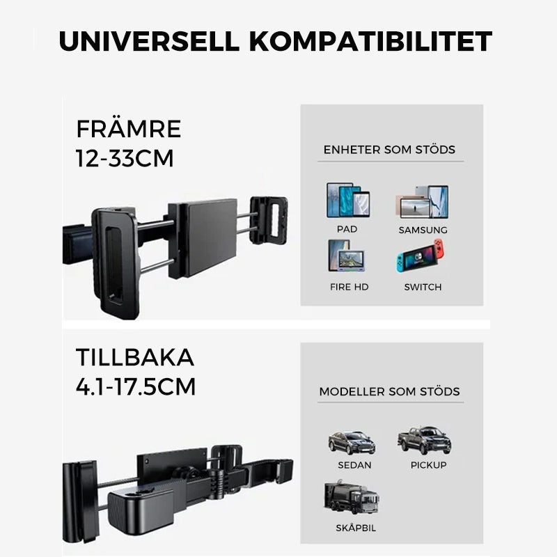 "Universellt tablettfäste för bilbaksäte, 360° rotation, justerbara ben, för enheter 4,7–12,9 tum, svart design."