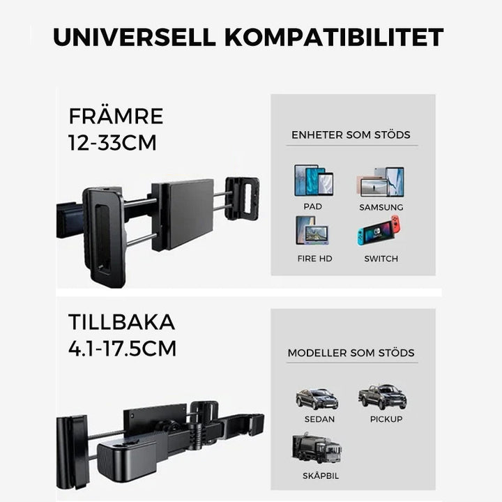 "Universellt tablettfäste för bilbaksäte, 360° rotation, justerbara ben, för enheter 4,7–12,9 tum, svart design."