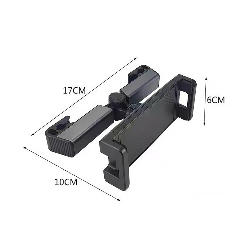 "Universellt tablettfäste för bilbaksäte, 360° rotation, justerbara ben, för enheter 4,7–12,9 tum, svart design."