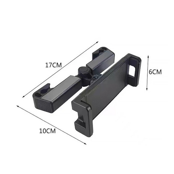 "Universellt tablettfäste för bilbaksäte, 360° rotation, justerbara ben, för enheter 4,7–12,9 tum, svart design."