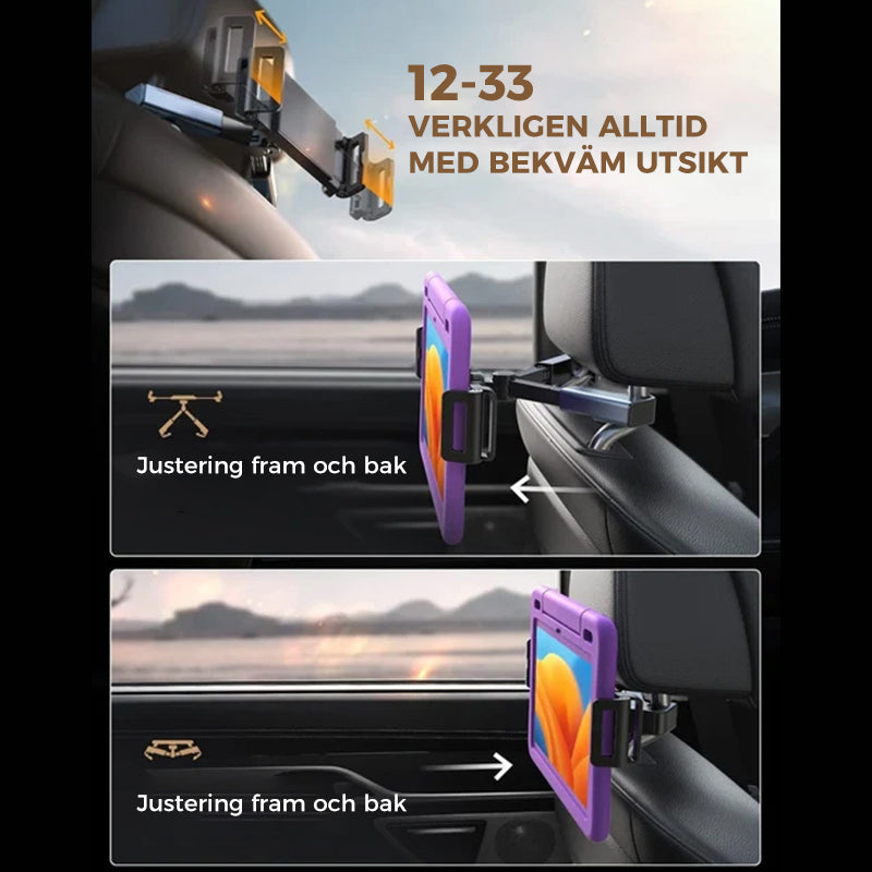 "Universellt tablettfäste för bilbaksäte, 360° rotation, justerbara ben, för enheter 4,7–12,9 tum, svart design."