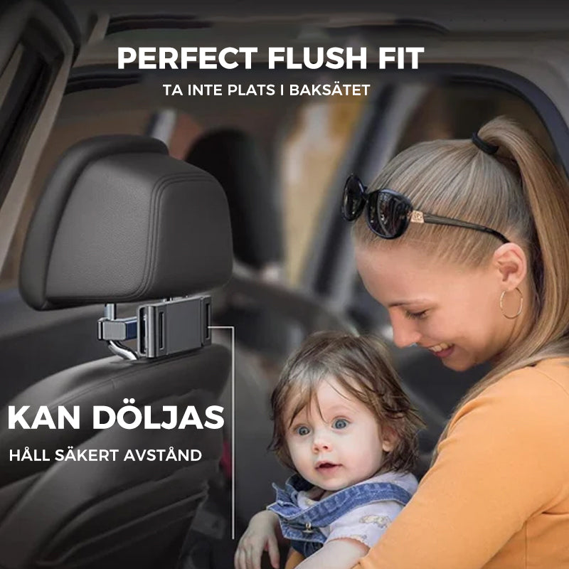 "Universellt tablettfäste för bilbaksäte, 360° rotation, justerbara ben, för enheter 4,7–12,9 tum, svart design."