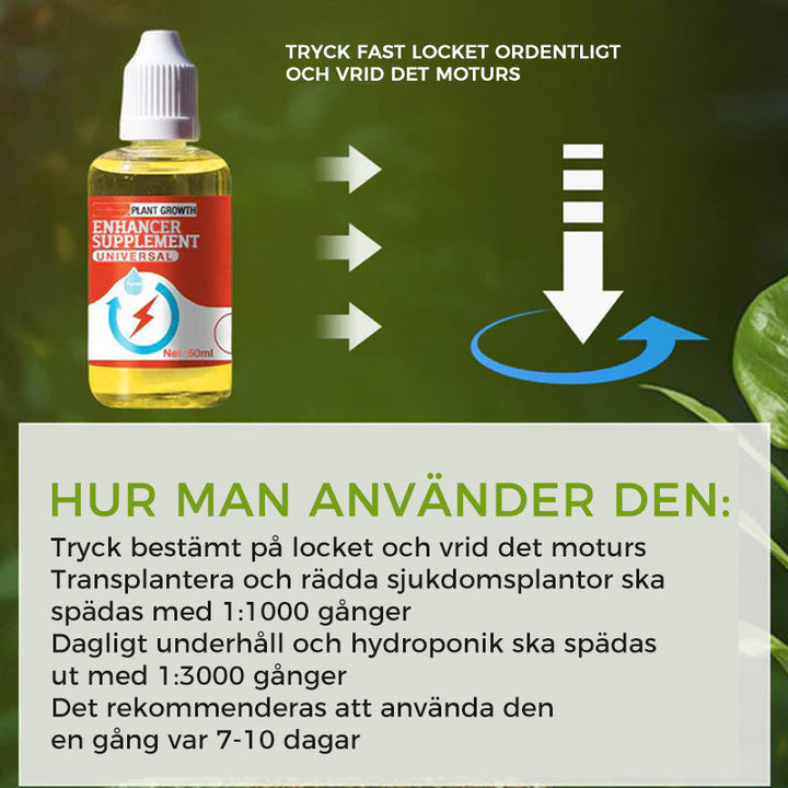 "Universellt växttillägg ökar växttillväxten; klar vätska i liten 50ml flaska, perfekt för alla typer av växter."