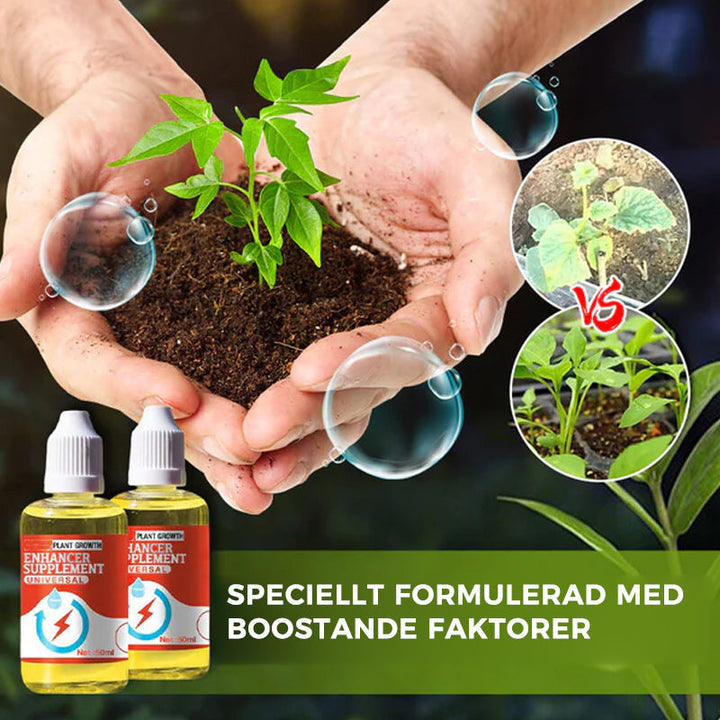 "Universellt växttillägg ökar växttillväxten; klar vätska i liten 50ml flaska, perfekt för alla typer av växter."