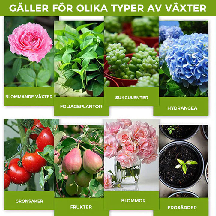 "Universellt växttillägg ökar växttillväxten; klar vätska i liten 50ml flaska, perfekt för alla typer av växter."