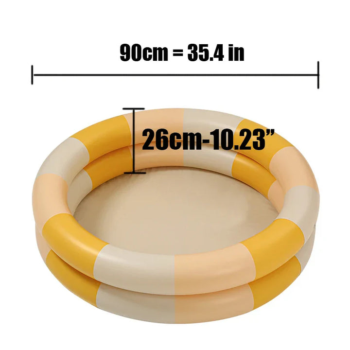 Uppblåsbar baby pool i retrodesign med livliga färger för lek och svalka, diameter 90 cm, höjd 26 cm, silikonmaterial.