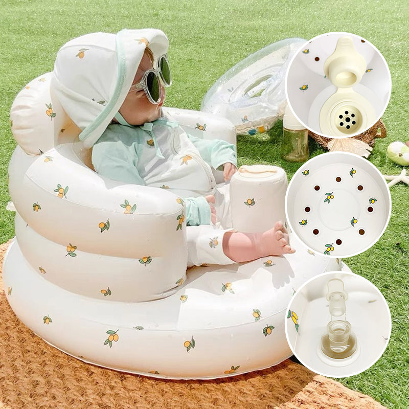 "Uppblåsbar babysoffa med ergonomiskt ryggstöd, i pastellfärger, för barn 3-48 månader, ideal för trygg sittkomfort."