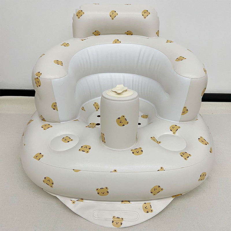 "Uppblåsbar babysoffa med ergonomiskt ryggstöd, i pastellfärger, för barn 3-48 månader, ideal för trygg sittkomfort."