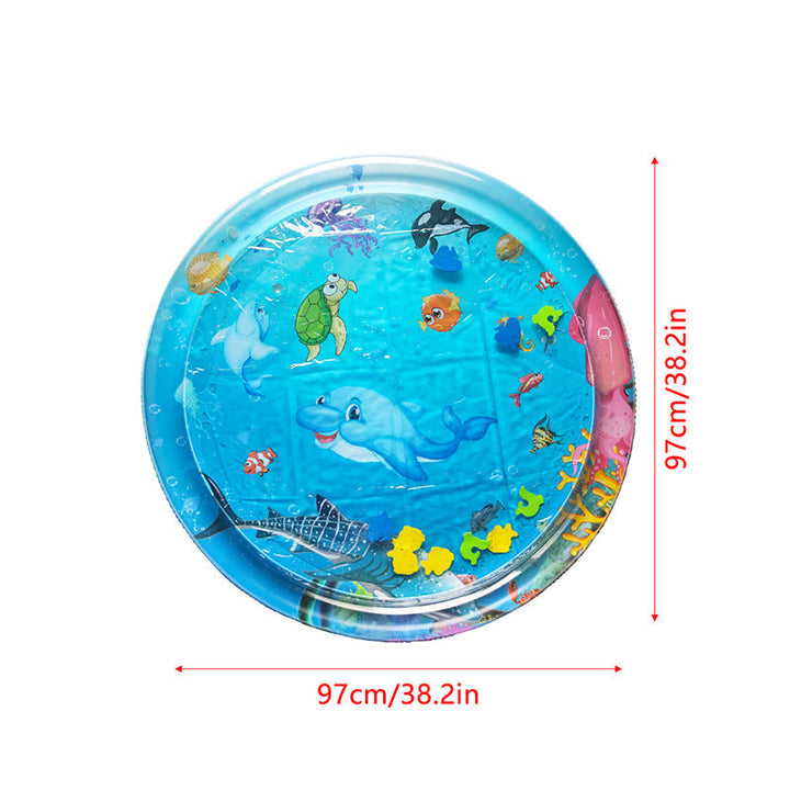 Uppblåsbar vattenmatta för spädbarn, färgglad design, PVC-material, stimulerar sensorisk och motorisk utveckling.