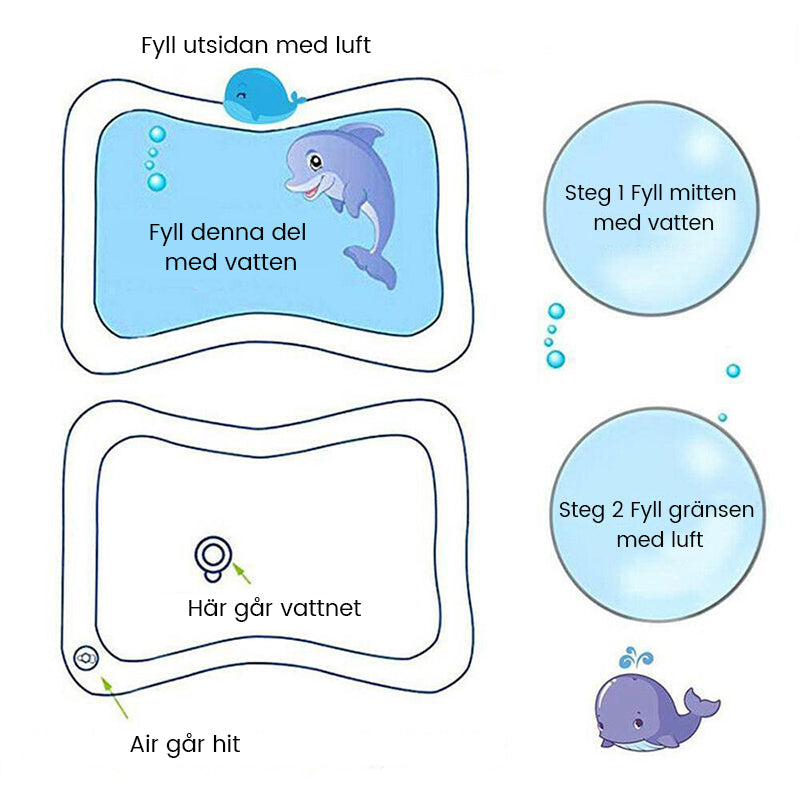 Uppblåsbar vattenmatta för spädbarn, färgglad design, PVC-material, stimulerar sensorisk och motorisk utveckling.