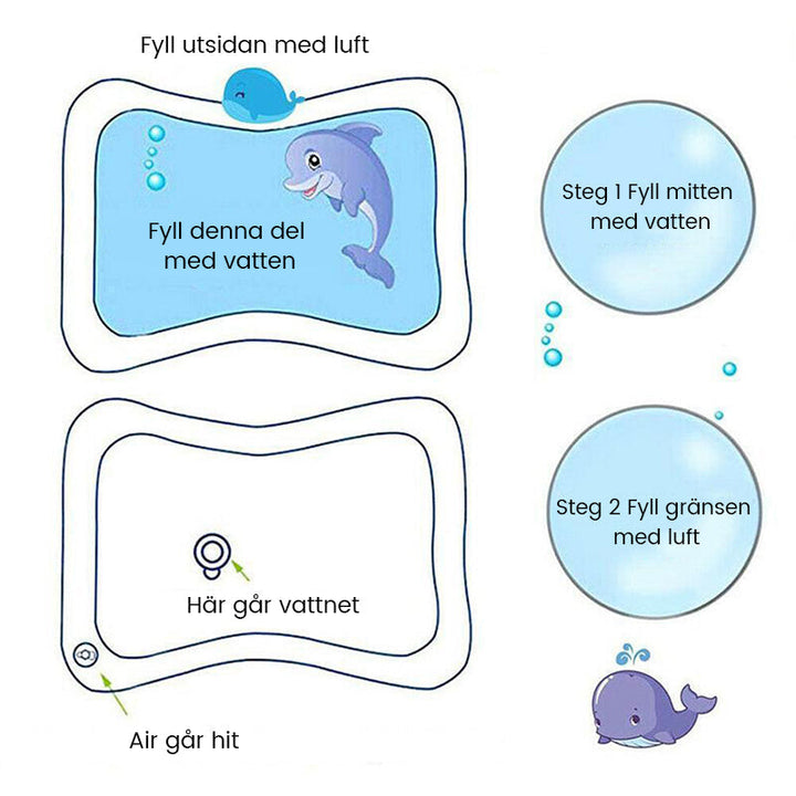 Uppblåsbar vattenmatta för spädbarn, färgglad design, PVC-material, stimulerar sensorisk och motorisk utveckling.