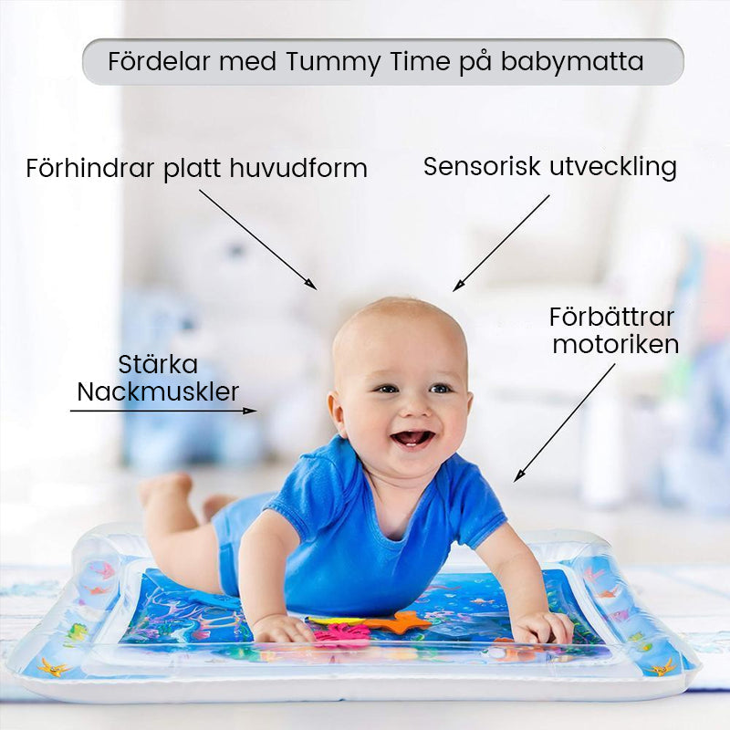 Uppblåsbar vattenmatta för spädbarn, färgglad design, PVC-material, stimulerar sensorisk och motorisk utveckling.