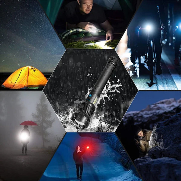 Uppladdningsbar taktisk LED-ficklampa med 90000 lumen, aluminium, zoomfunktion, stark och hållbar belysning för camping.
