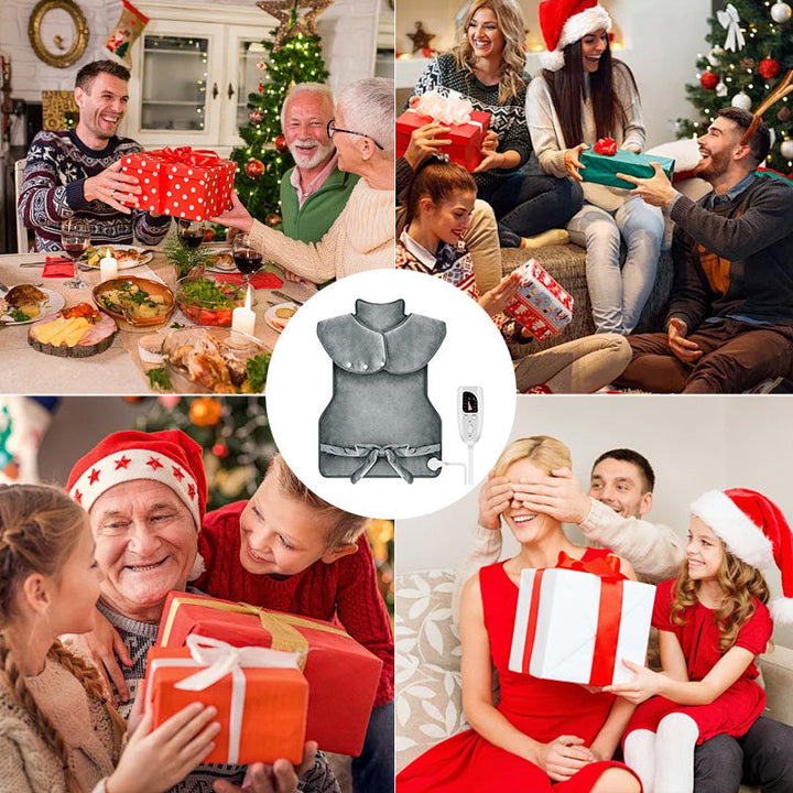 Uppvärmd elektrisk halsduk i grått, mjukt material, justerbar värme, perfekt för kalla dagar, komfort och avslappning.