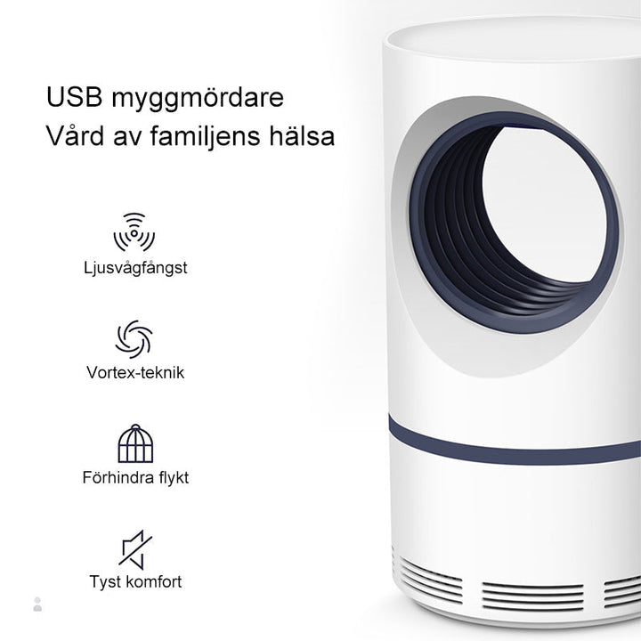 "USB fotokatalytisk mygglampa inomhus, modern design, tyst och effektiv insektsfälla, säker och lätt att rengöra."