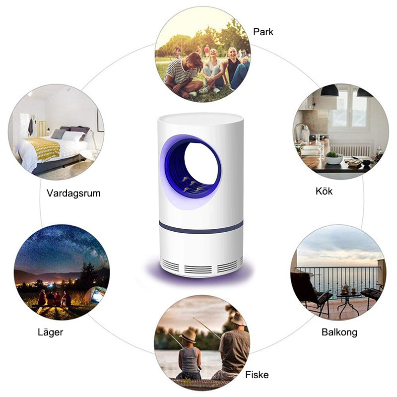 "USB fotokatalytisk mygglampa inomhus, modern design, tyst och effektiv insektsfälla, säker och lätt att rengöra."