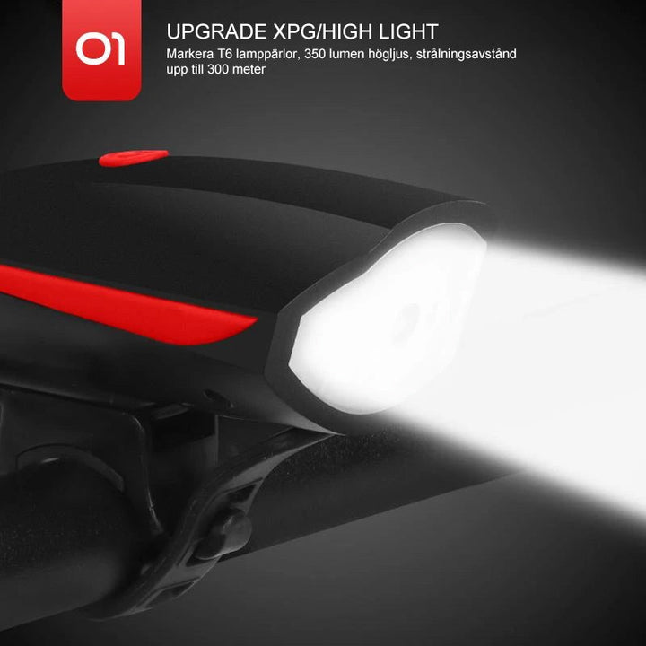 USB-laddningsbart cykelhorn och framljus i svart, erbjuder säker belysning och ljudsignaler för cykelturer, dag som natt.