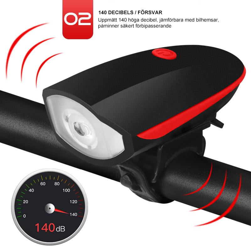 USB-laddningsbart cykelhorn och framljus i svart, erbjuder säker belysning och ljudsignaler för cykelturer, dag som natt.