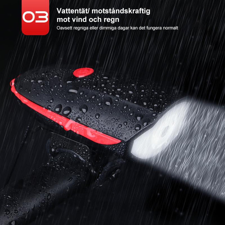 USB-laddningsbart cykelhorn och framljus i svart, erbjuder säker belysning och ljudsignaler för cykelturer, dag som natt.