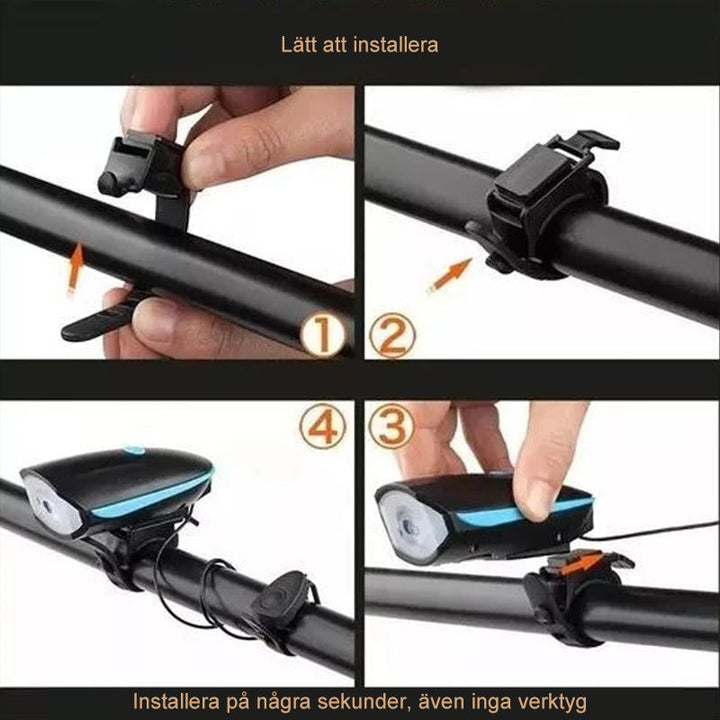 USB-laddningsbart cykelhorn och framljus i svart, erbjuder säker belysning och ljudsignaler för cykelturer, dag som natt.