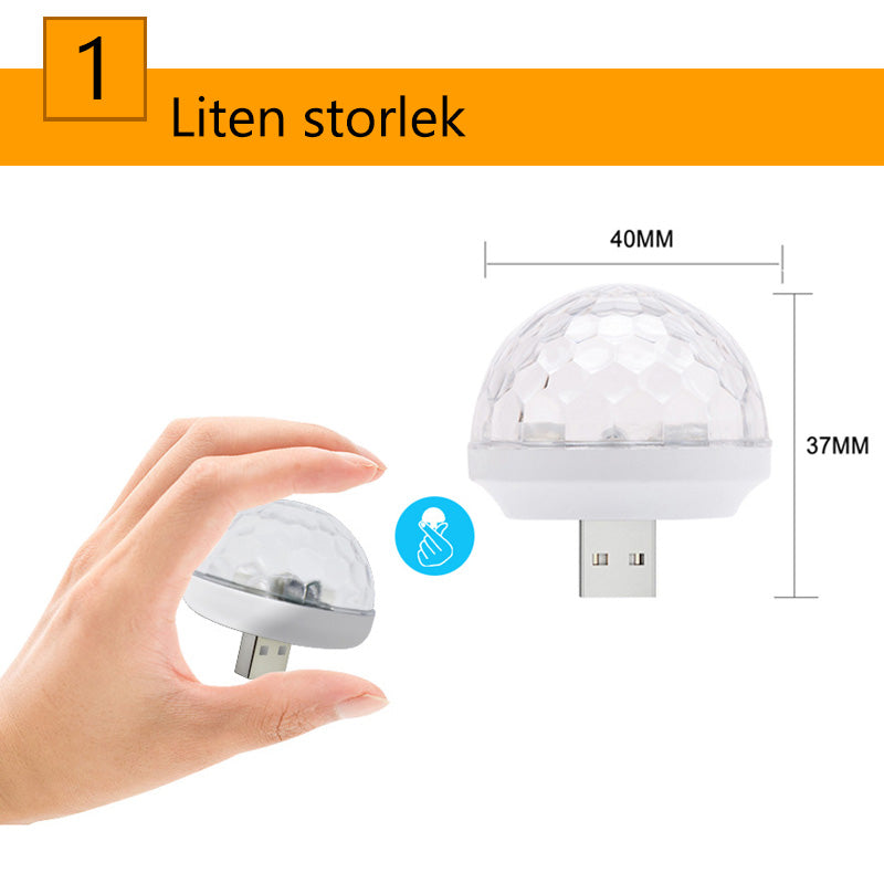 "USB Mini Svamplampa med LED-färger, svampformad, kompakt design, skapar färgglad atmosfär, ansluts via USB."