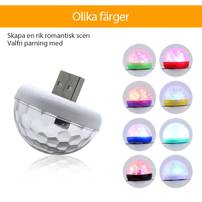 "USB Mini Svamplampa med LED-färger, svampformad, kompakt design, skapar färgglad atmosfär, ansluts via USB."