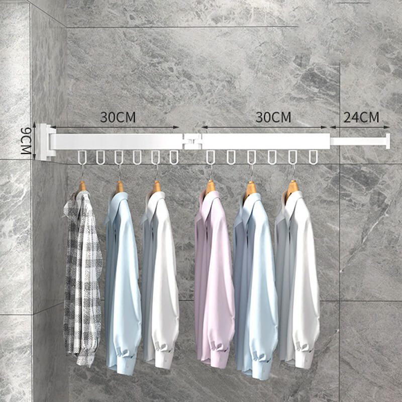 "Utdragbar väggmonterad klädhängare i grått och svart med 180° rotation och 12 upphängningsringar för platsbesparing."