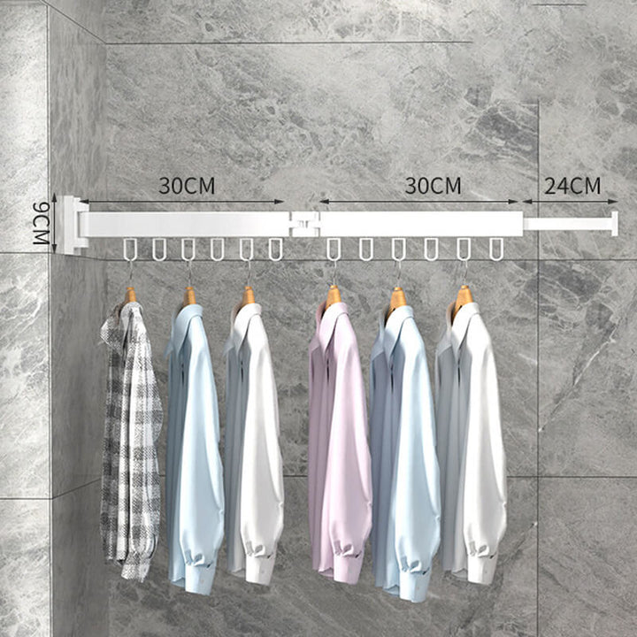 "Utdragbar väggmonterad klädhängare i grått och svart med 180° rotation och 12 upphängningsringar för platsbesparing."