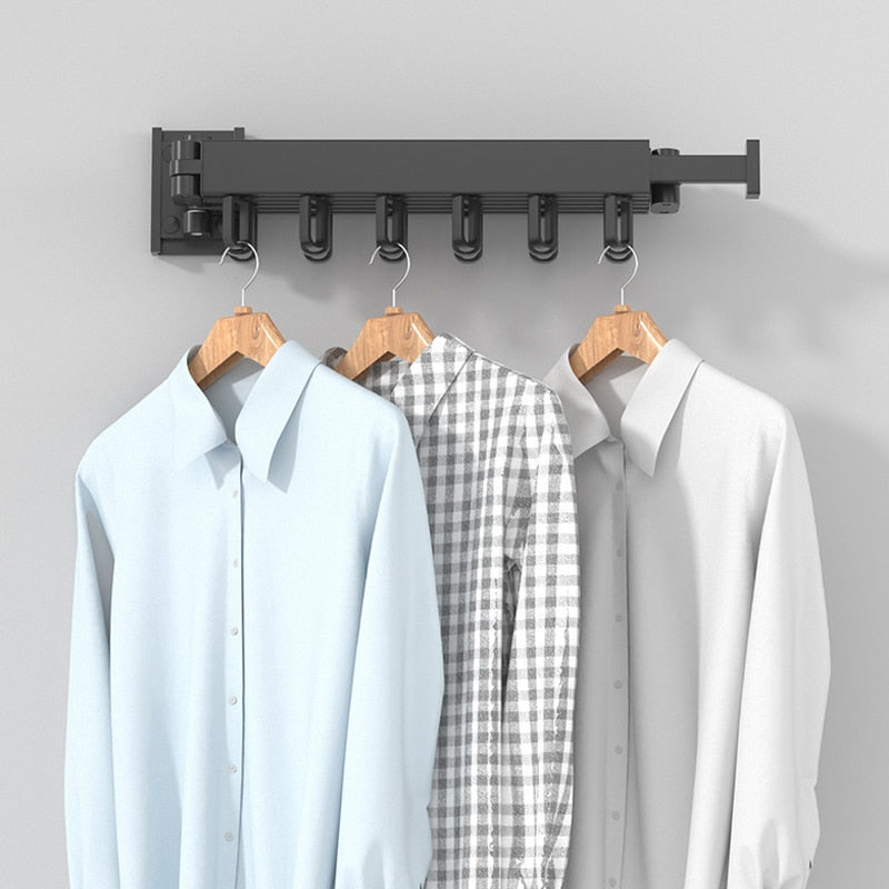 "Utdragbar väggmonterad klädhängare i grått och svart med 180° rotation och 12 upphängningsringar för platsbesparing."