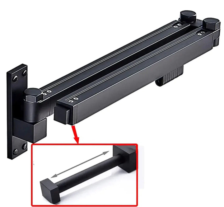 "Utdragbar väggmonterad klädhängare i grått och svart med 180° rotation och 12 upphängningsringar för platsbesparing."