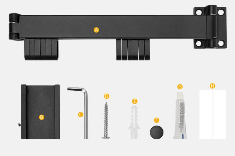 "Utdragbar väggmonterad klädhängare i grått och svart med 180° rotation och 12 upphängningsringar för platsbesparing."