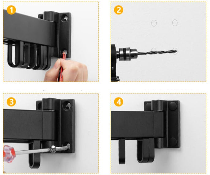 "Utdragbar väggmonterad klädhängare i grått och svart med 180° rotation och 12 upphängningsringar för platsbesparing."