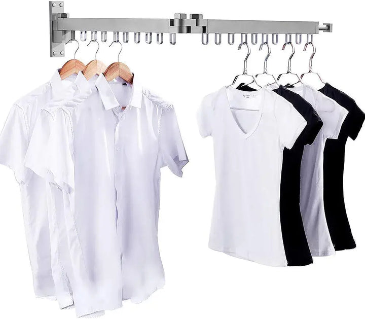 "Utdragbar väggmonterad klädhängare i grått och svart med 180° rotation och 12 upphängningsringar för platsbesparing."