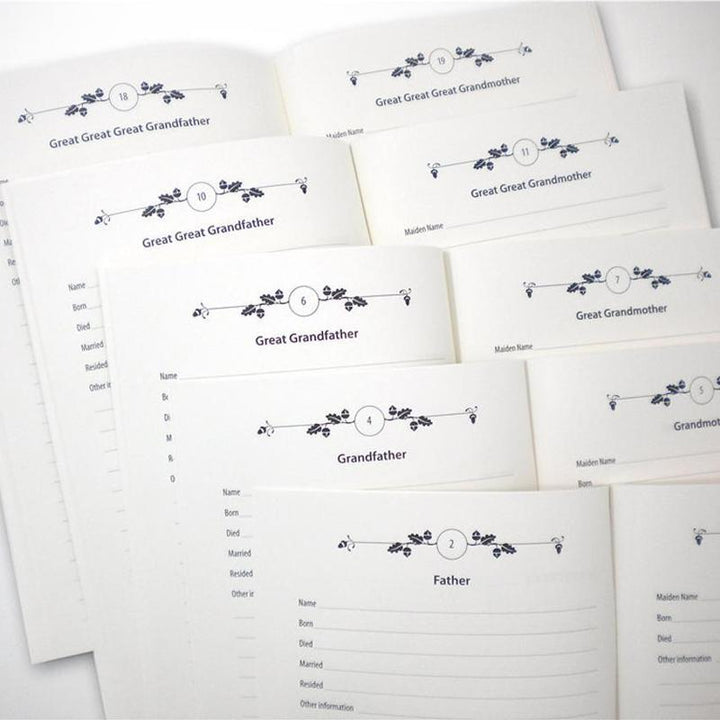"Vackert designad anteckningsbok för släktträd, med tomma och illustrerade sidor, i en elegant och hållbar utformning."