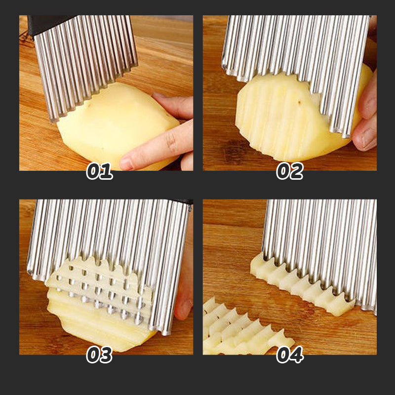 "Vågig rostfri potatiskniv med ergonomiskt handtag, unikt vågformat blad, optimal för grönsaker i köket."
