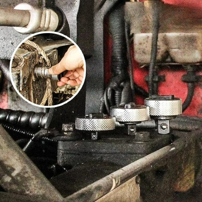 "Vändbar metallspärrnyckelset i stål med kromad yta, kompakta storlekar för trånga utrymmen, halkfritt räfflat grepp"