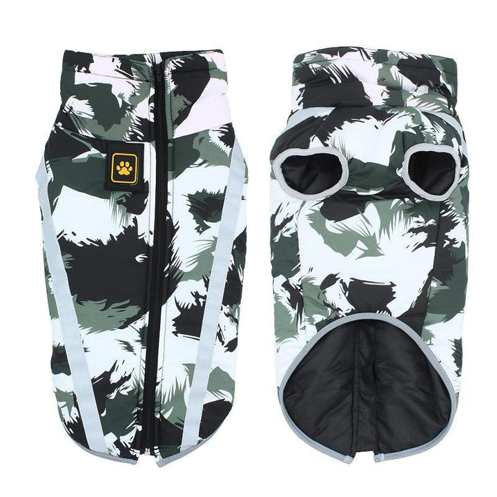 Vändbar vattentät vinterjacka för hund med reflex, fleece och polyester, säker och stilren för kalla dagar.