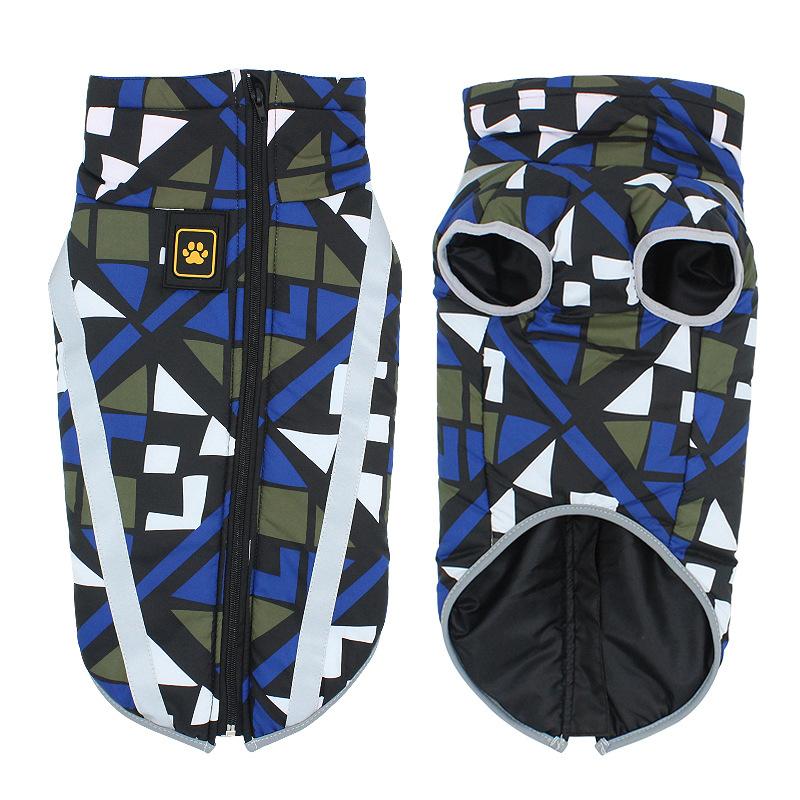 Vändbar vattentät vinterjacka för hund med reflex, fleece och polyester, säker och stilren för kalla dagar.
