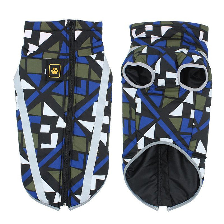 Vändbar vattentät vinterjacka för hund med reflex, fleece och polyester, säker och stilren för kalla dagar.