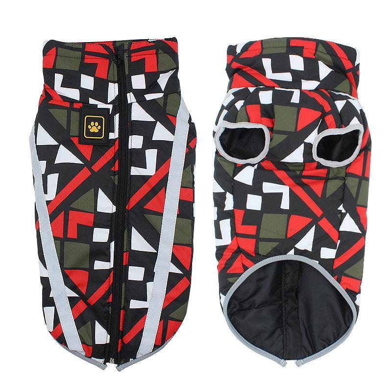 Vändbar vattentät vinterjacka för hund med reflex, fleece och polyester, säker och stilren för kalla dagar.