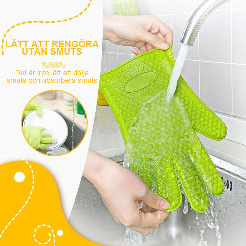 Värmebeständiga silikonhandskar i olika färger för köket, perfekt för heta plåtar och grytor. Ergonomisk design.