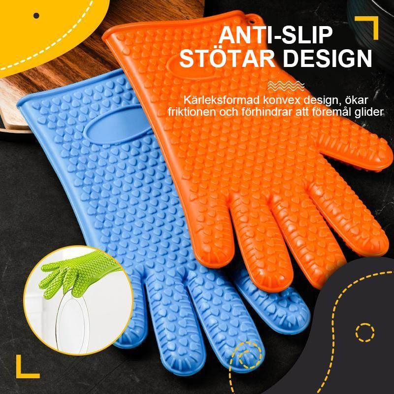 Värmebeständiga silikonhandskar i olika färger för köket, perfekt för heta plåtar och grytor. Ergonomisk design.